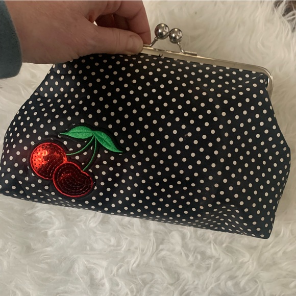 sweet black polka dot clutch bag with sequin cherries design, kiss clock close - Picture 5 of 14
